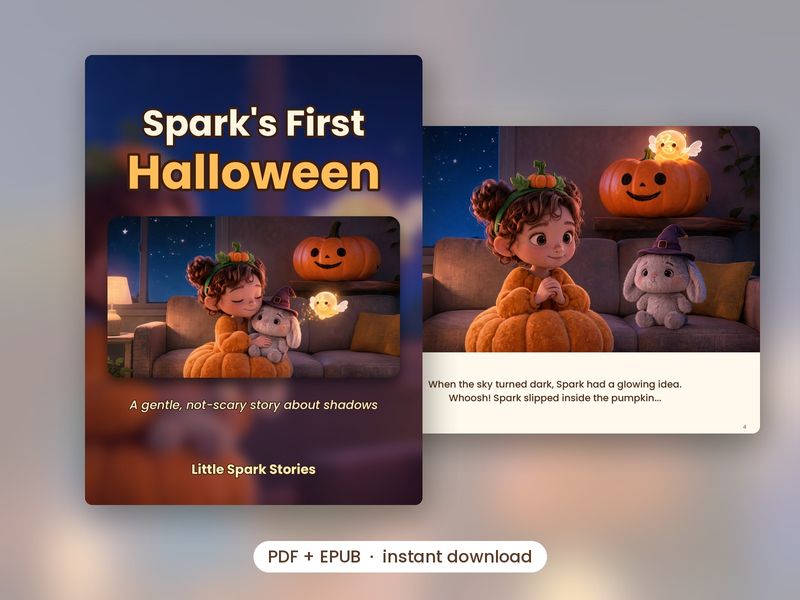 Cover of Spark's First Halloween, with a peek at a page inside