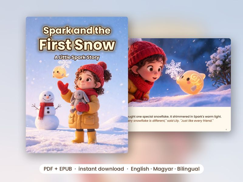 Cover of Spark and the First Snow, with a peek at a page inside