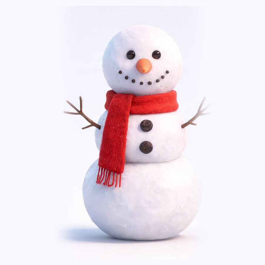 Snowy, a friendly snowman standing quietly in a snowy garden