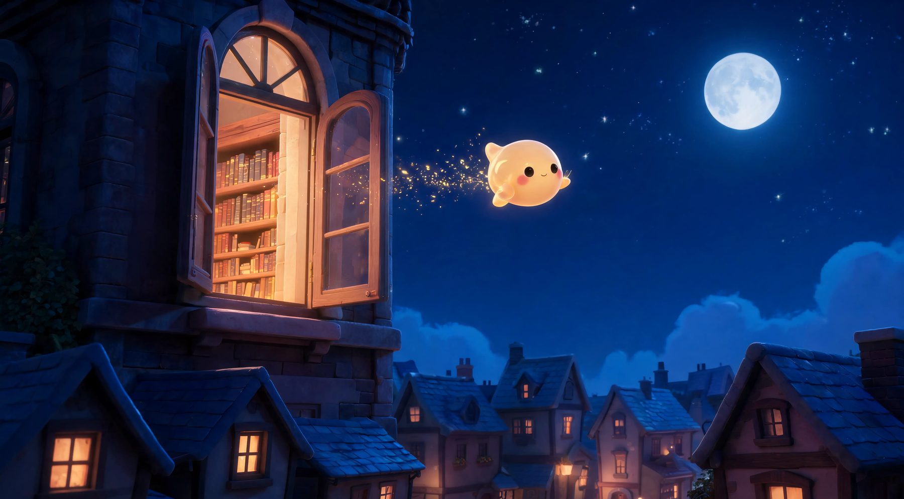 Spark flying out of the library window into the starry night, leaving a trail of golden sparkles